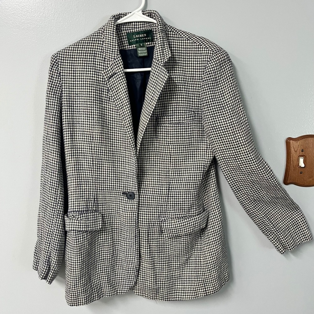 Lauren Ralph Lauren Houndstooth Linen Blazer Navy Blue White Size 8 USA Made
